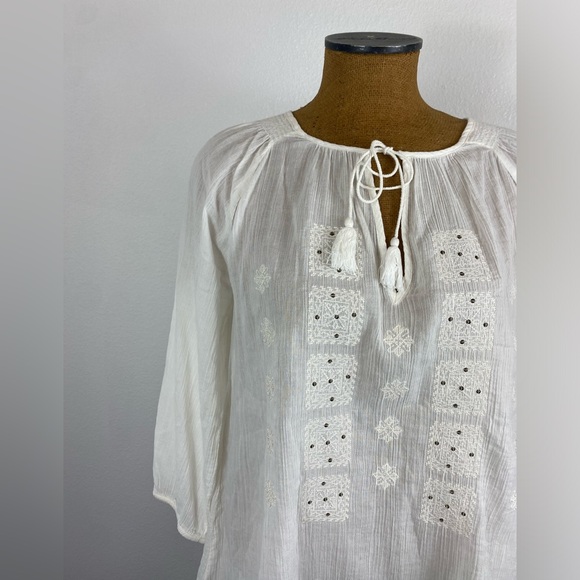 Joie Womens Peasant Blouse White Embroidered Embellished In Sequence M Tie Neck - Picture 3 of 15